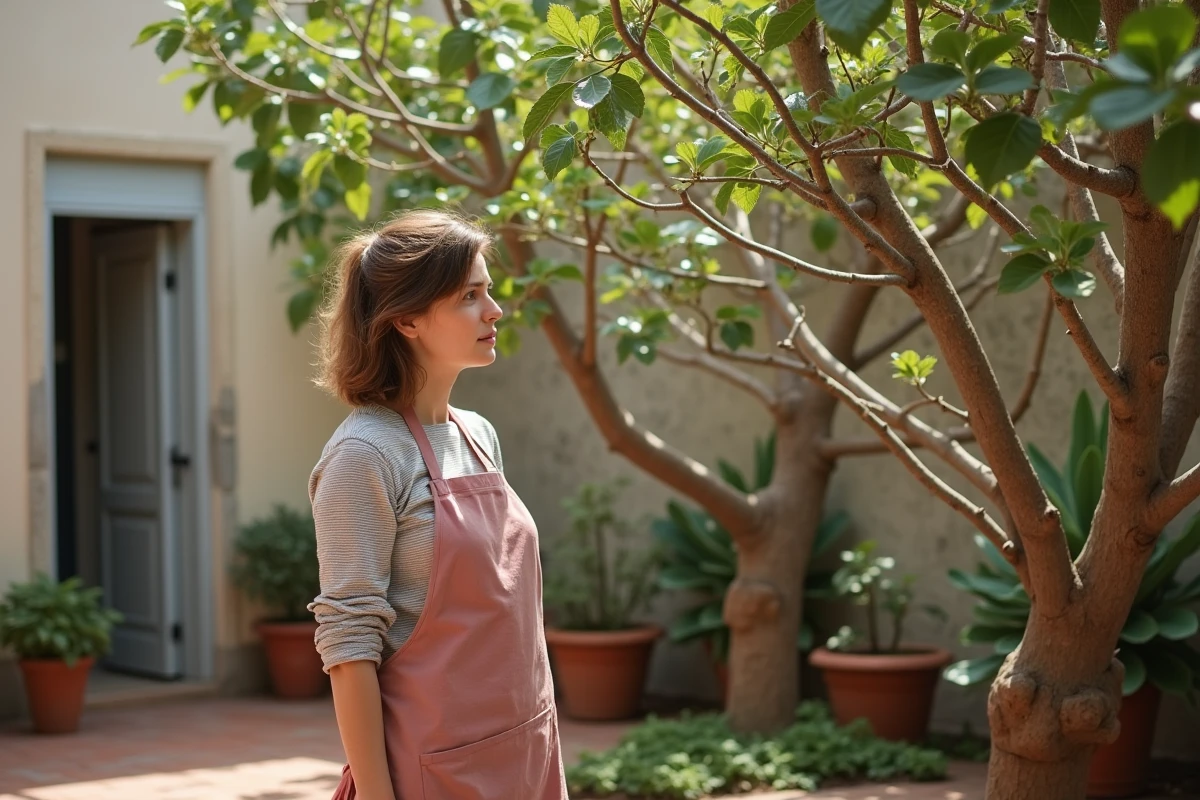 Femme jardinière examinant un figuier déséquilibré et sur-taillé dans une cour urbaine, illustrant les conséquences d'une mauvaise pratique de taille