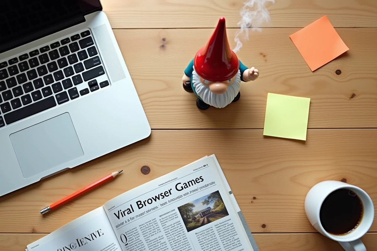 Figurine de nain de jardin posée sur un bureau à côté d'un ordinateur portable évoquant le jeu culte Google