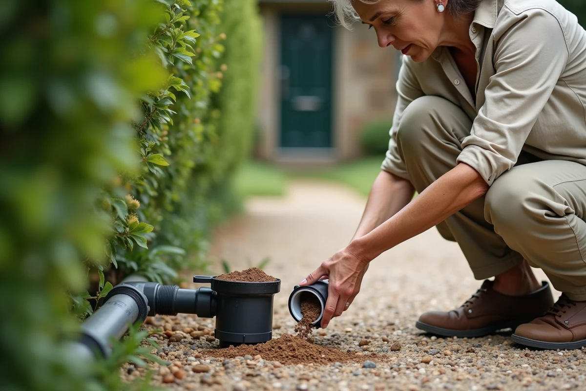 Femme inspectant un filtre d'arrosage colmaté par des dépôts de calcaire et des débris dans un jardin résidentiel