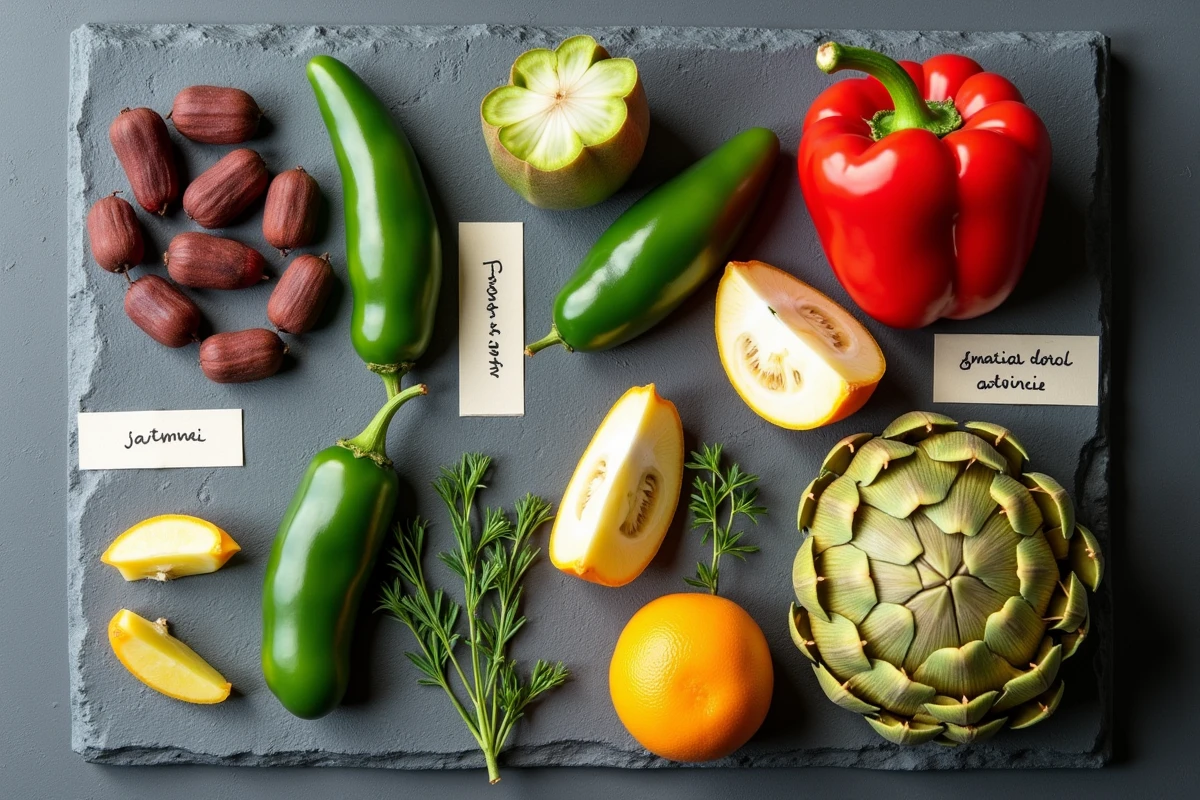 Vue de dessus d'un assortiment de fruits et légumes en J comme jujubes et jalapeños sur une ardoise grise avec des étiquettes botaniques manuscrites