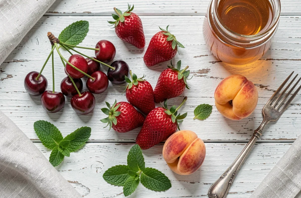 Flatlay de fruits de saison de juin sur table en bois blanc : cerises, fraises, abricots et menthe fraîche