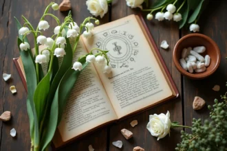 Bouquet de muguet et livre d'astrologie ouvert sur une table en bois avec cristaux et symboles du zodiaque