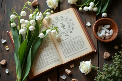 Bouquet de muguet et livre d'astrologie ouvert sur une table en bois avec cristaux et symboles du zodiaque