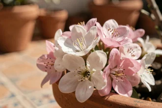 Fleurs roses et blanches de Chamelaucium Geraldton Wax en gros plan sur un pot en terre cuite