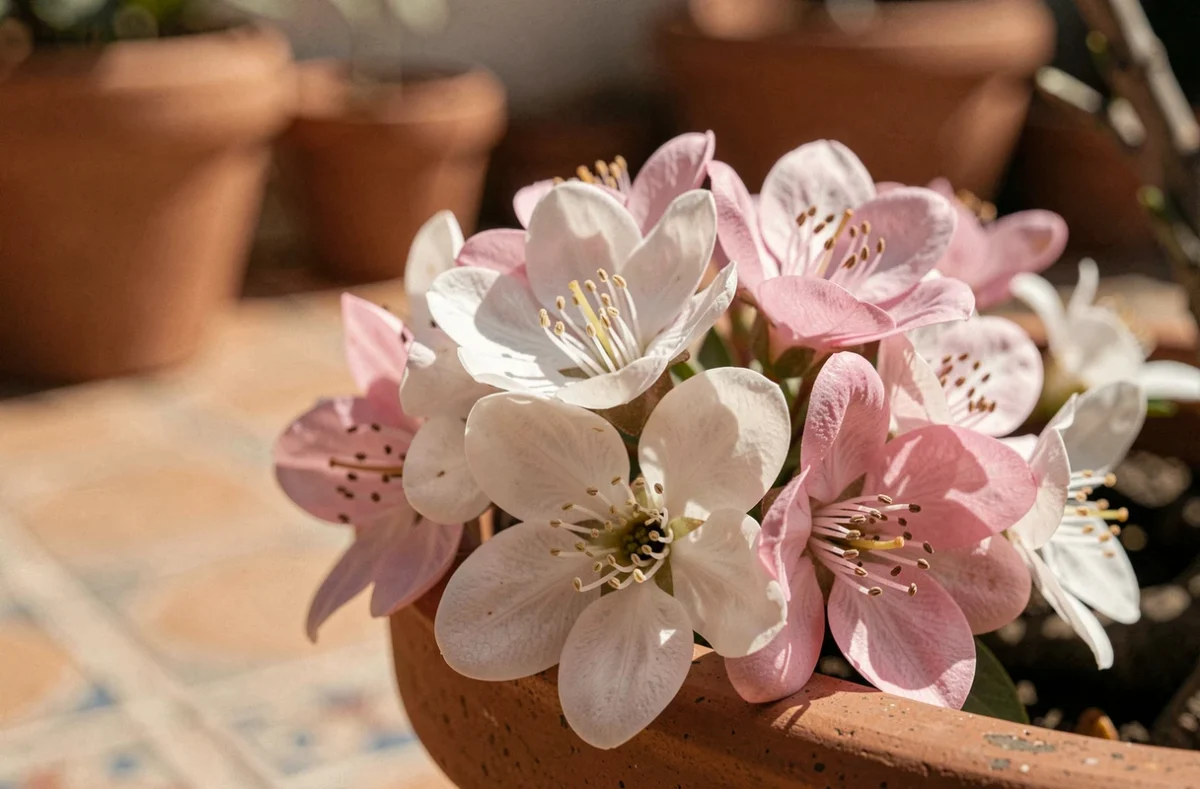 Fleurs roses et blanches de Chamelaucium Geraldton Wax en gros plan sur un pot en terre cuite