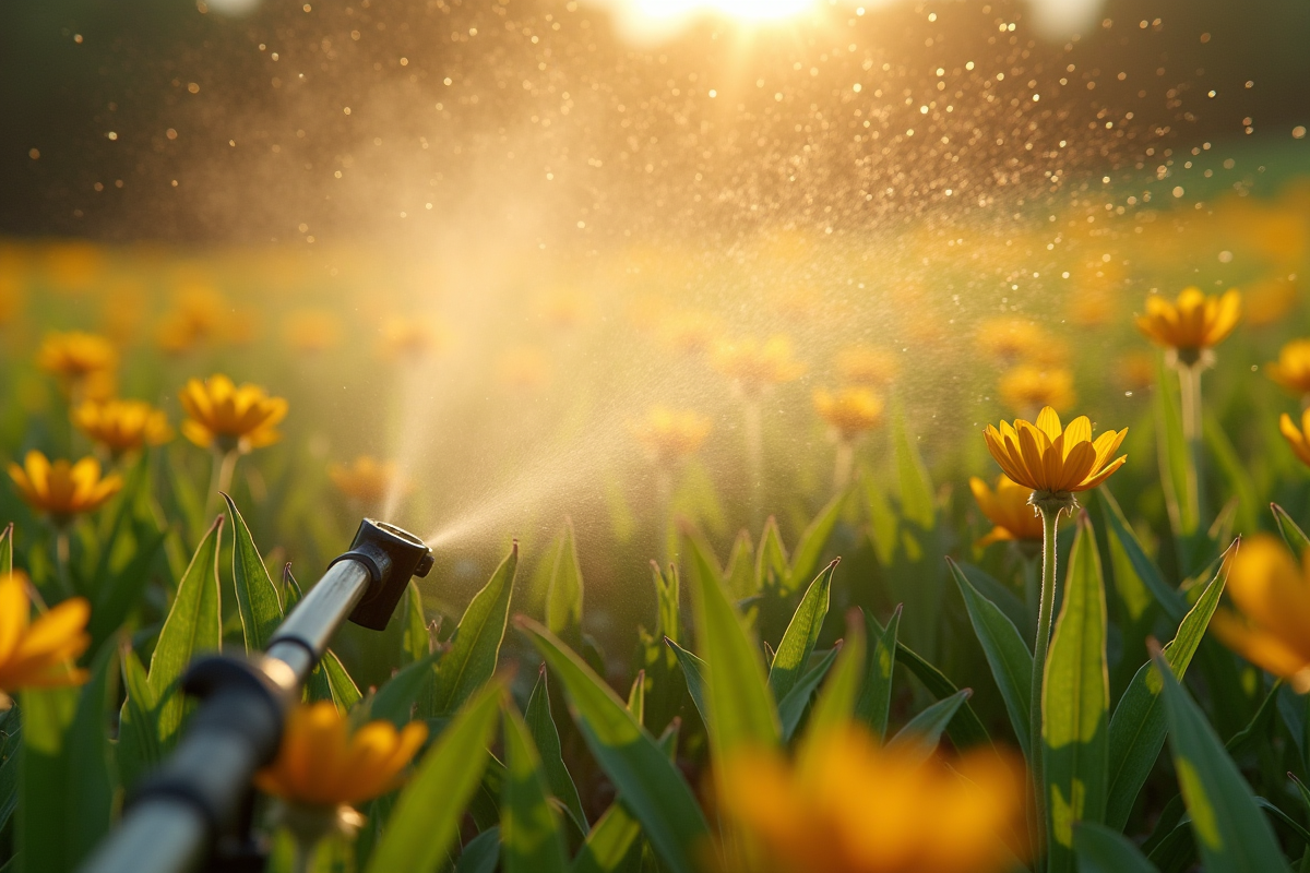 Gouttes de spray sur fleurs sauvages en plein soleil
