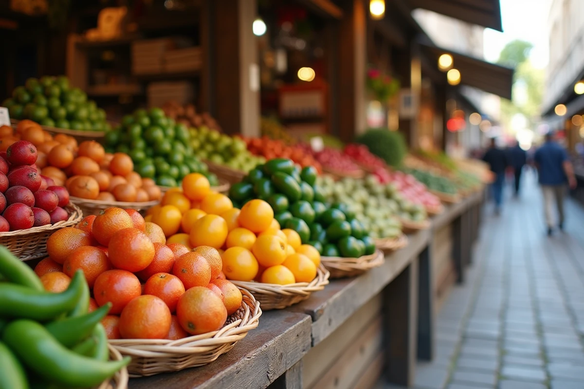 Étal de marché en bois rempli de fruits et légumes en J comme jalapeños et jujubes dans des paniers en osier