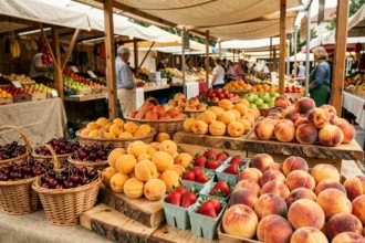 Étal de marché en bois débordant de fruits de saison de juin : cerises, abricots, fraises et pêches dans des paniers en osier