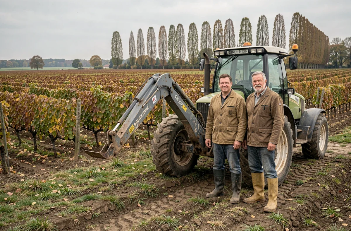 Travailleurs du GAEC de Loume avec tracteur et bras débroussailleur dans un paysage agricole viticole de Gironde