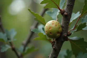 Galle du chêne ronde accrochée à une branche de chêne avec feuilles dentelées en forêt