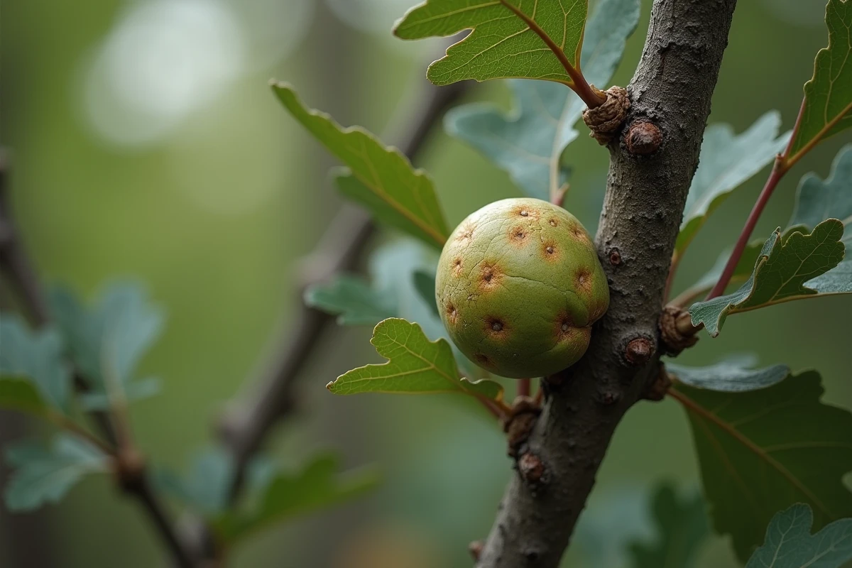 Galle du chêne ronde accrochée à une branche de chêne avec feuilles dentelées en forêt