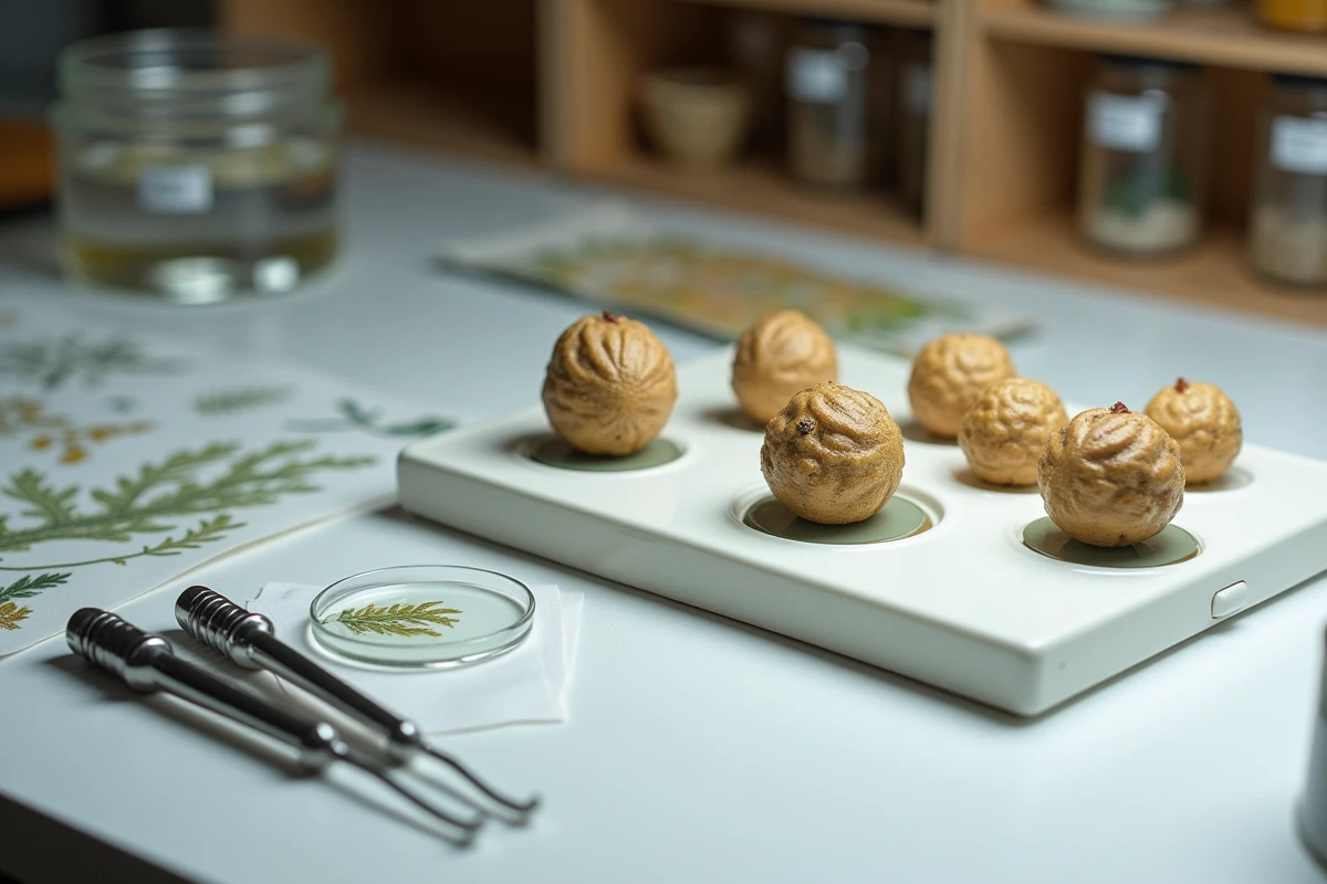 Galles de chêne posées sur un plateau de laboratoire avec forceps et fiche d'identification scientifique