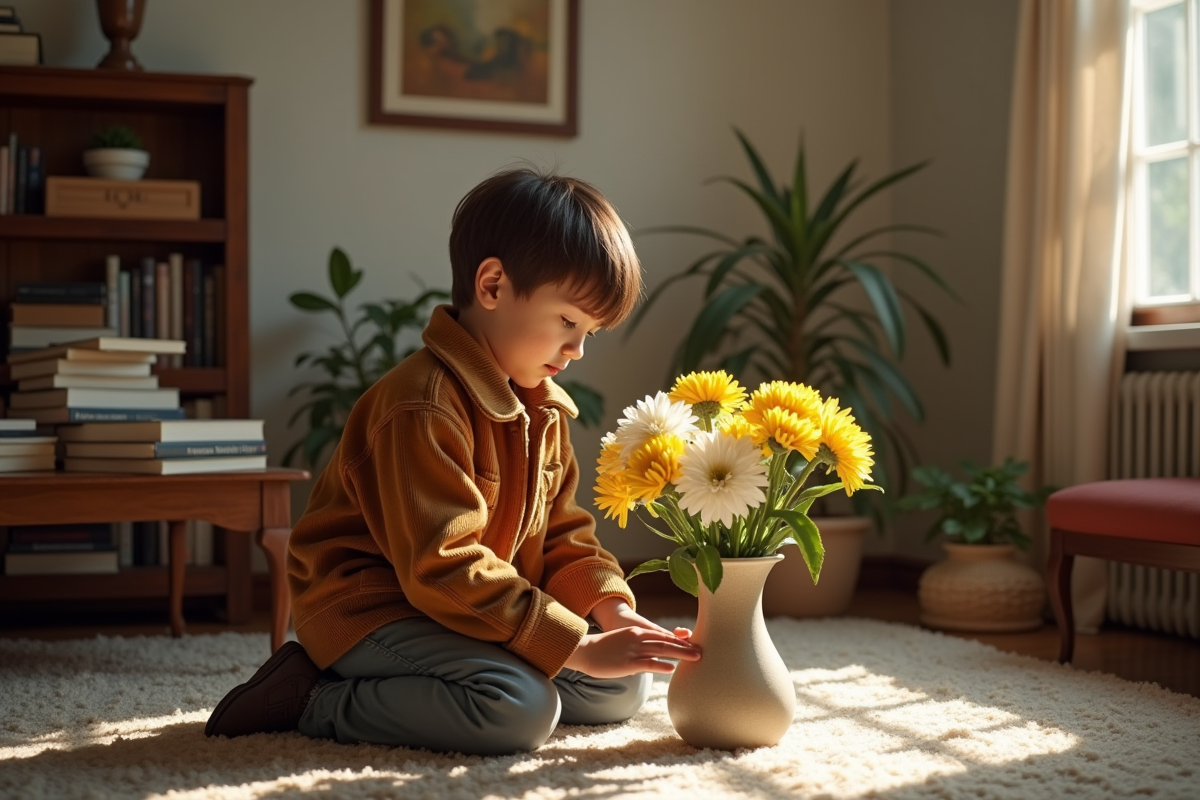 Jeune garçon arrangeant des fleurs dans un salon chaleureux