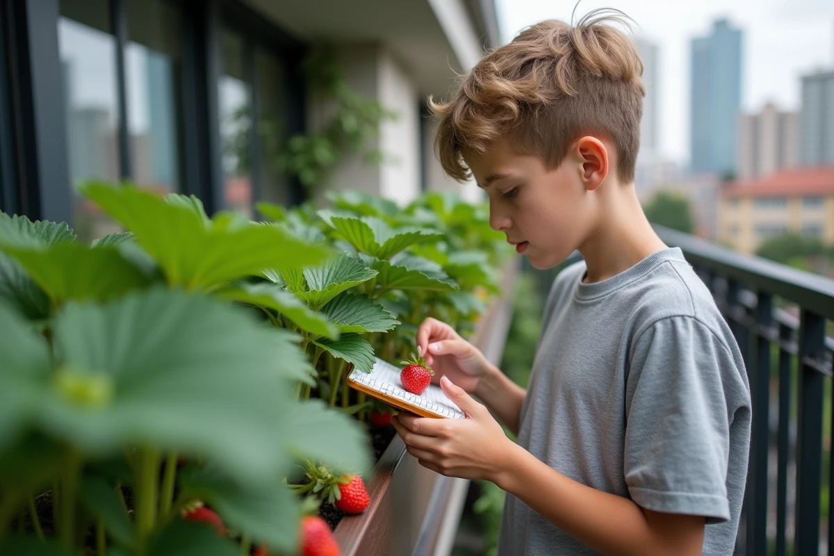 Adolescent inspectant des fraises dans un jardin de balcon