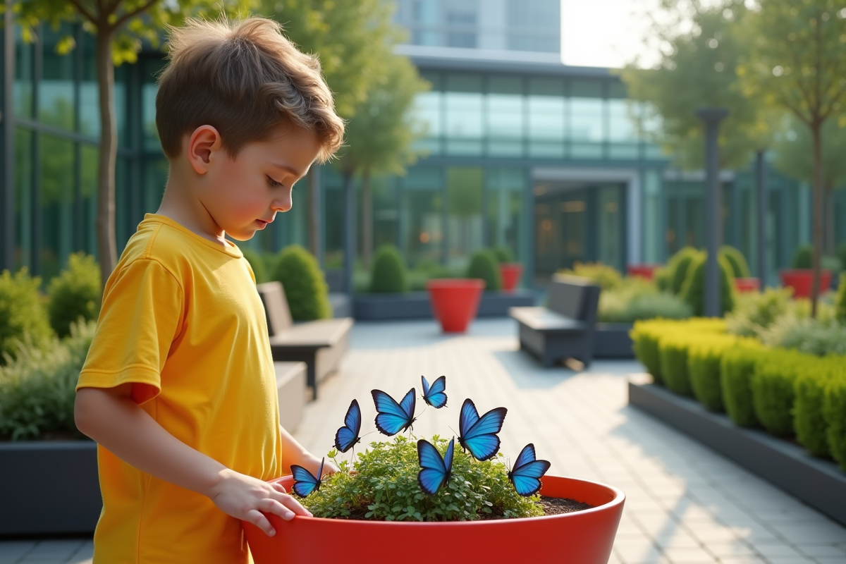 Garçon en t-shirt jaune observant des papillons dans un jardin urbain