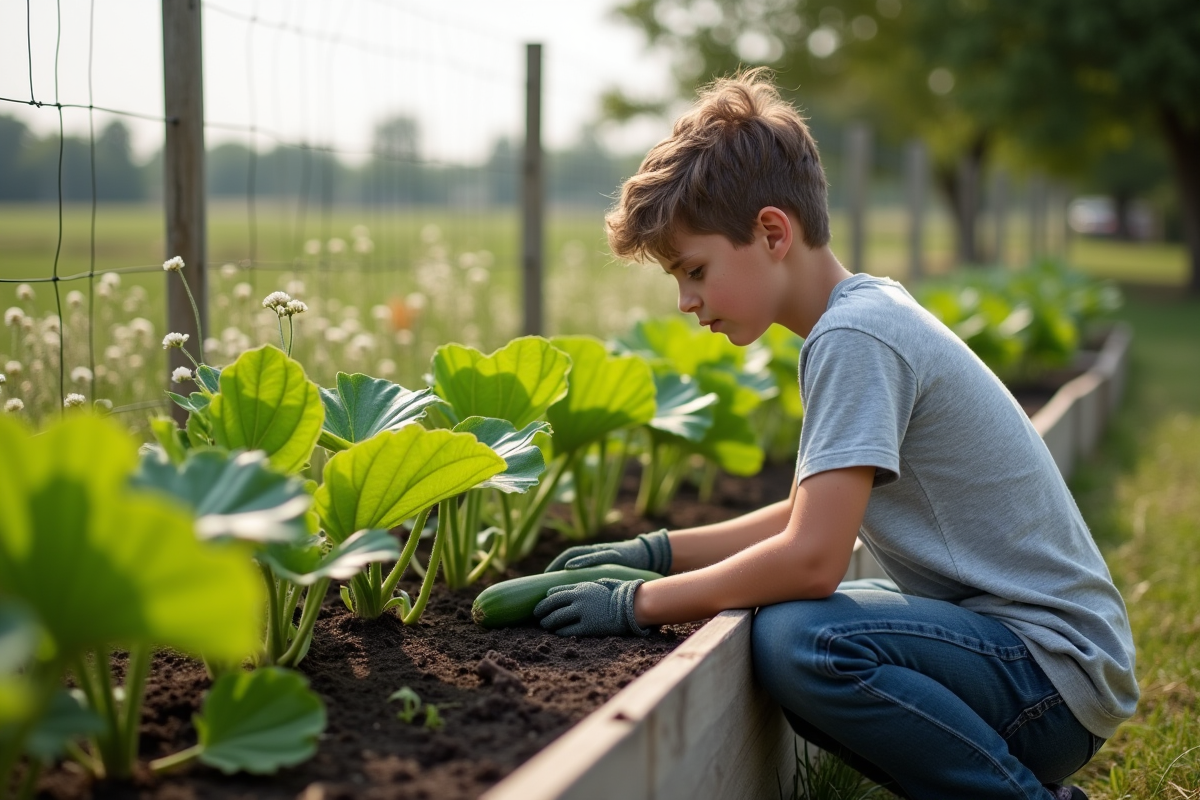 Jeune garçon inspectant des plants de zucchini dans un jardin rural