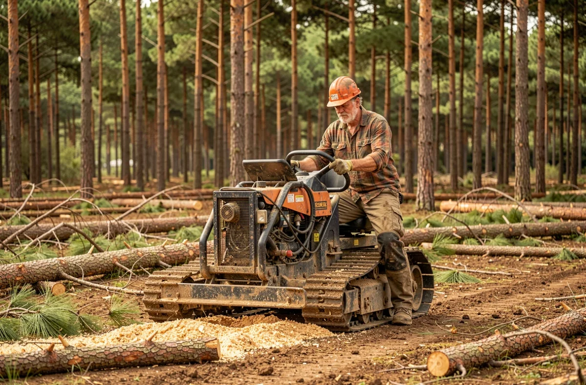 Ouvrier de Gascogne Travaux Forestiers et Agricoles avec engin forestier dans la forêt des Landes de Gascogne