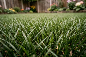 Gazon en ray-grass anglais dense et vert avec des gouttes de rosée sur les brins, vue en gros plan au ras du sol dans un jardin suburban