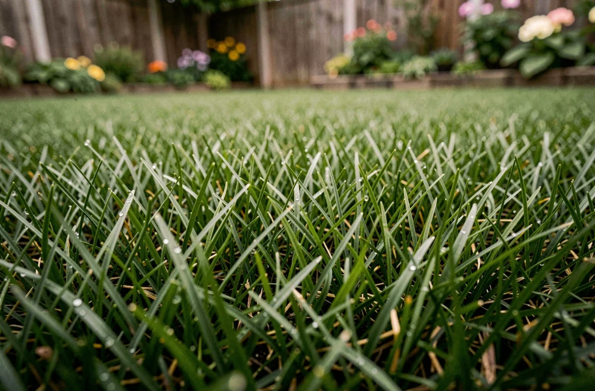 Gazon en ray-grass anglais dense et vert avec des gouttes de rosée sur les brins, vue en gros plan au ras du sol dans un jardin suburban
