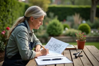 jardin bien aménagé avec des plantes et un espace de détente