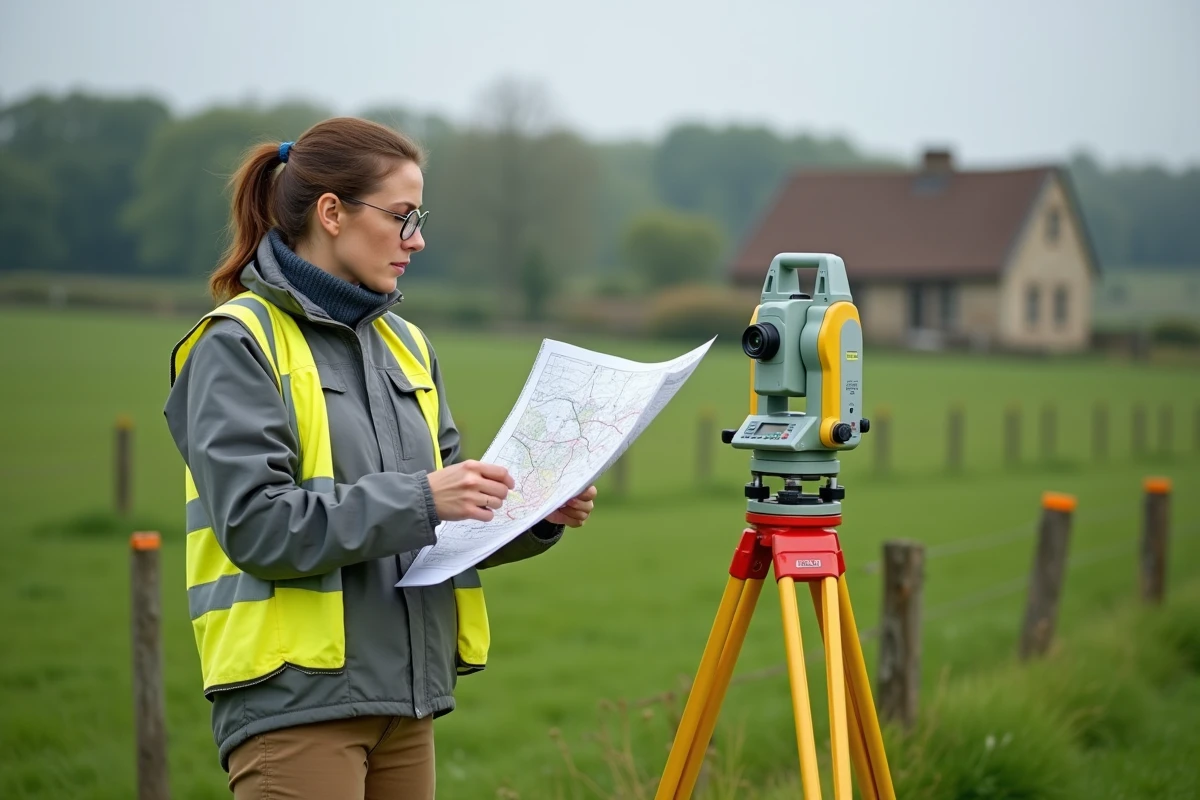Géomètre femme mesurant une parcelle de terrain avec un théodolite et une carte cadastrale en milieu rural