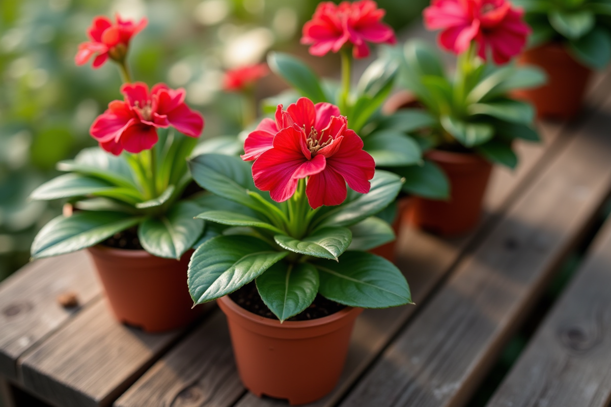 Plusieurs geraniums plantés dans des petits pots sur une table en bois