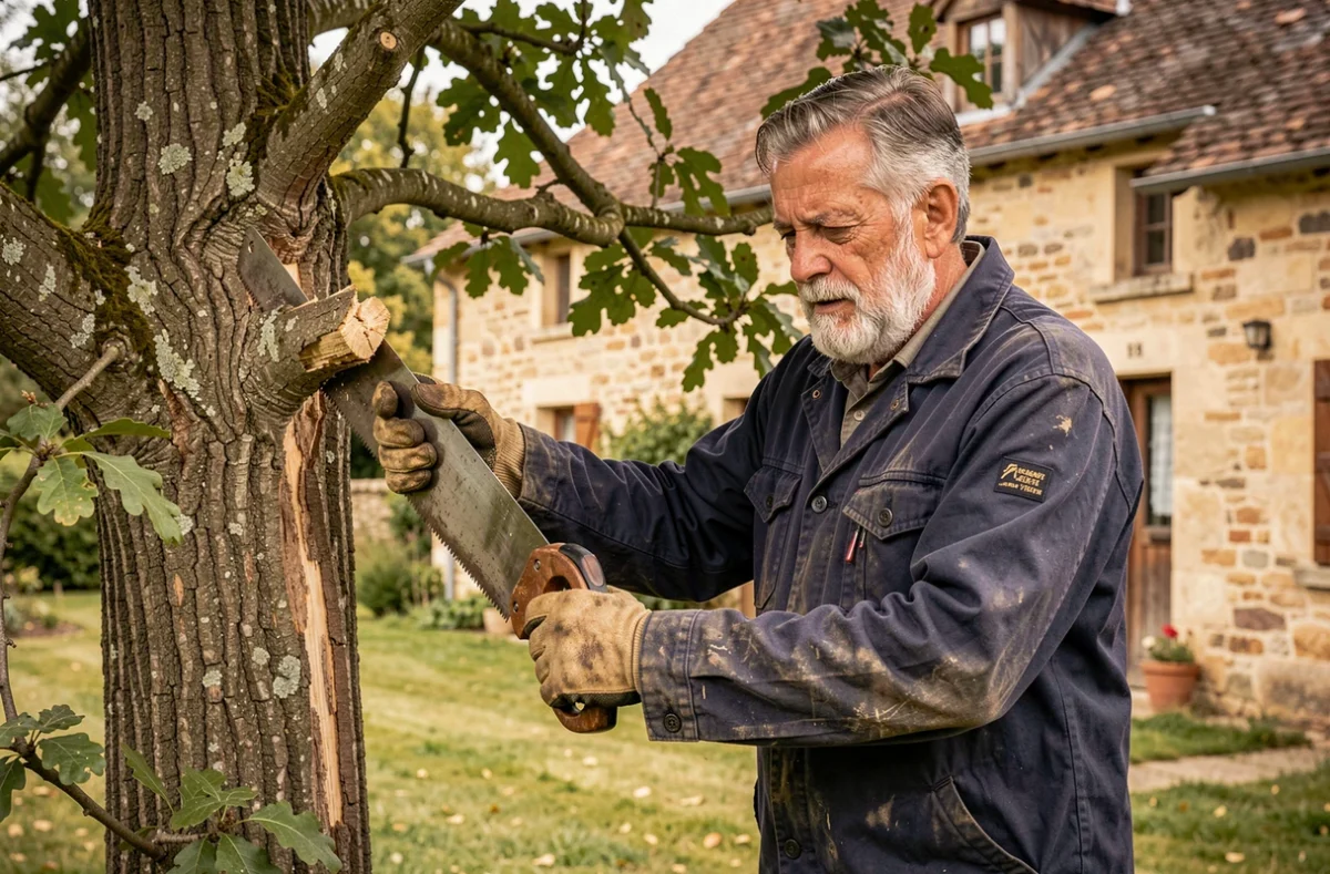 Bernard Giry, élagueur expérimenté, taillant une branche morte sur un chêne centenaire dans une propriété rurale girondine