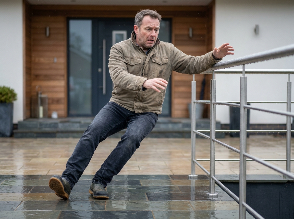 Homme glissant sur un carrelage extérieur mouillé et glissant devant une maison