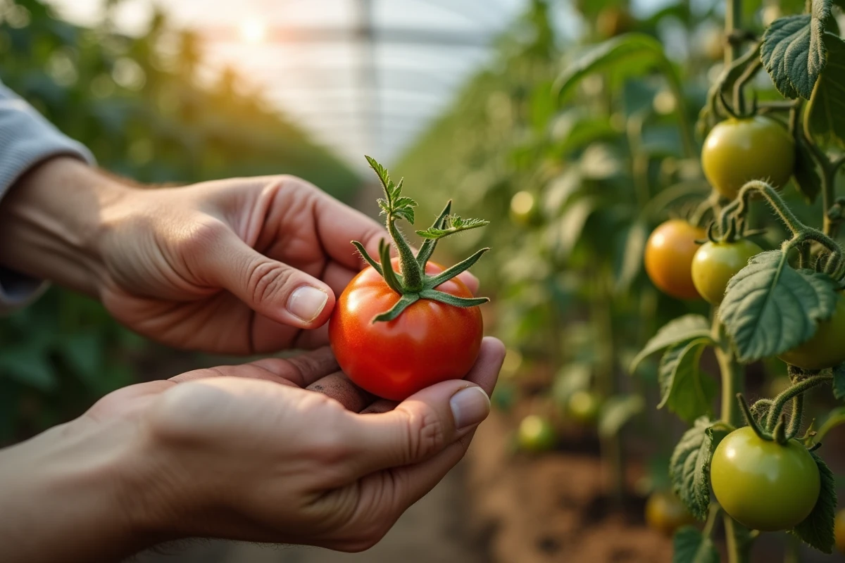 Mains de jardinier tenant une gourmande de tomate fraîchement supprimée avec une serre en arrière-plan