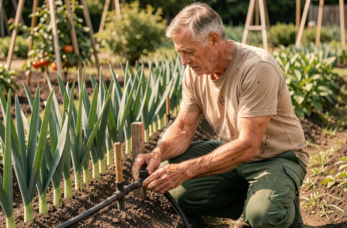 Homme âgé réglant un système de goutte-à-goutte pour l'arrosage économique de poireaux en plein été