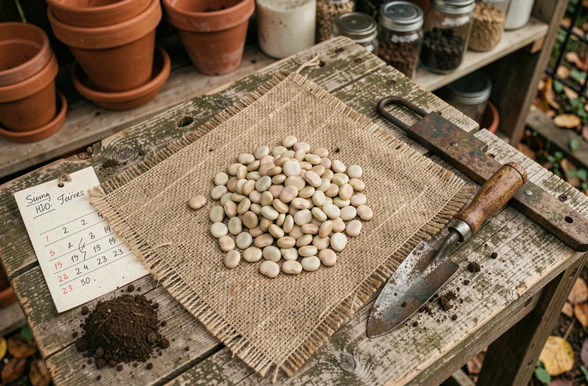 Graines de fèves sur toile de jute avec calendrier de semis manuscrit sur un établi de jardin en automne