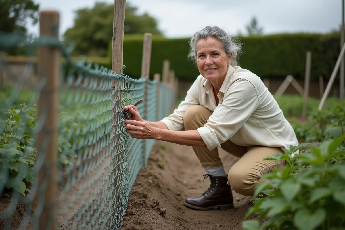 Femme fixant un grillage métallique sur des piquets en bois le long d'un potager sans endommager les plantations