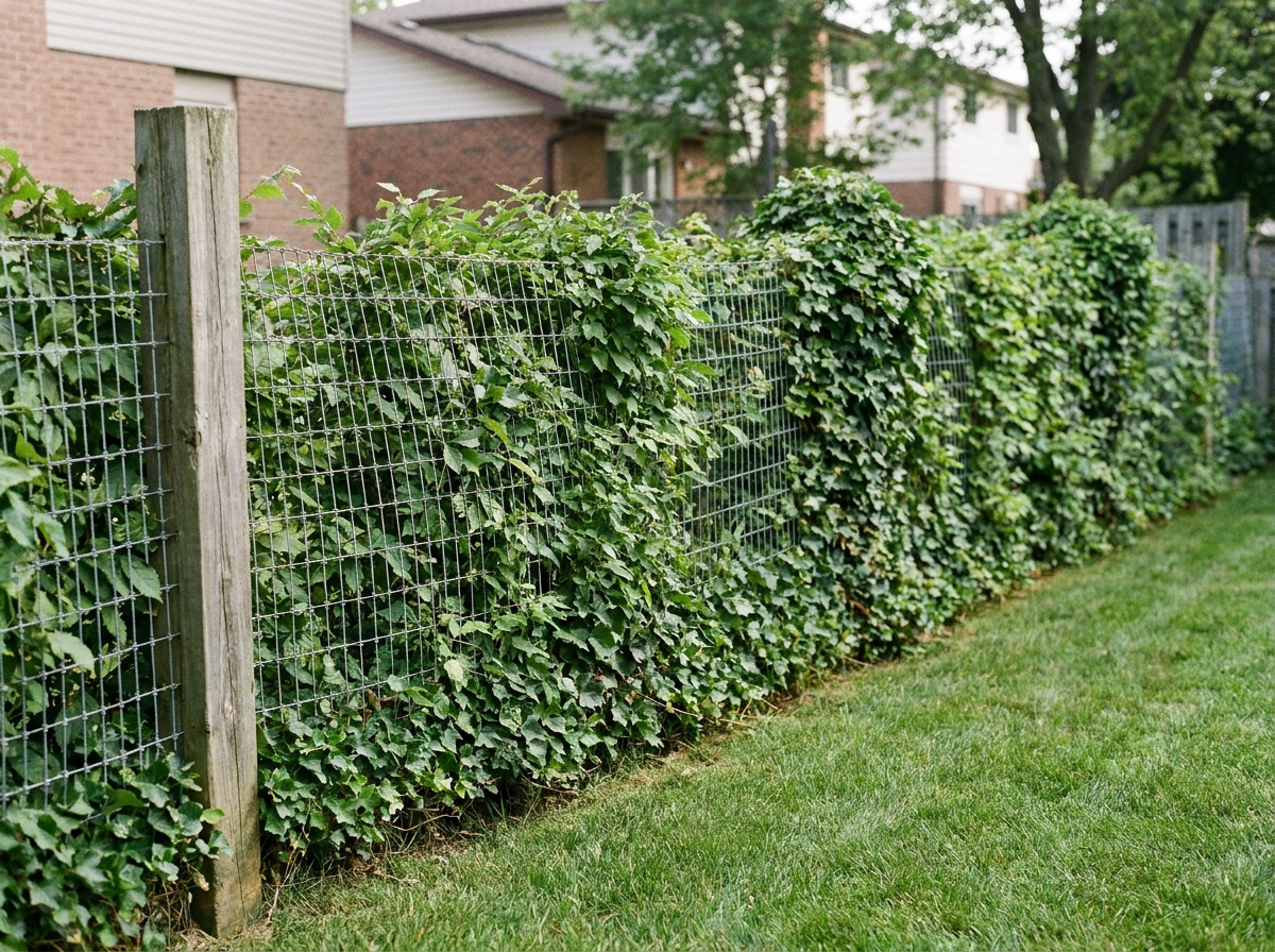 Clôture en grillage souple entrelacée d'une haie de charme dans un jardin résidentiel