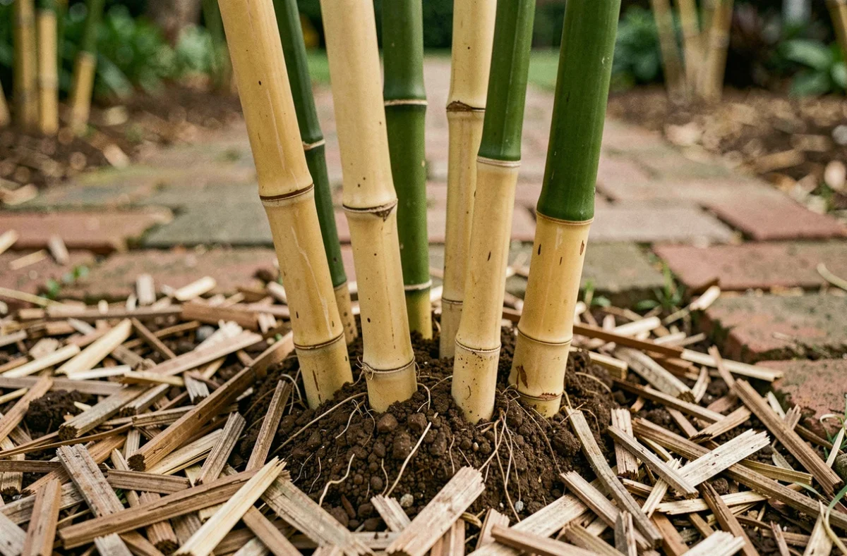 Gros plan sur la base compacte de bambous en touffes non envahissants avec paillage de copeaux de bois dans un jardin résidentiel