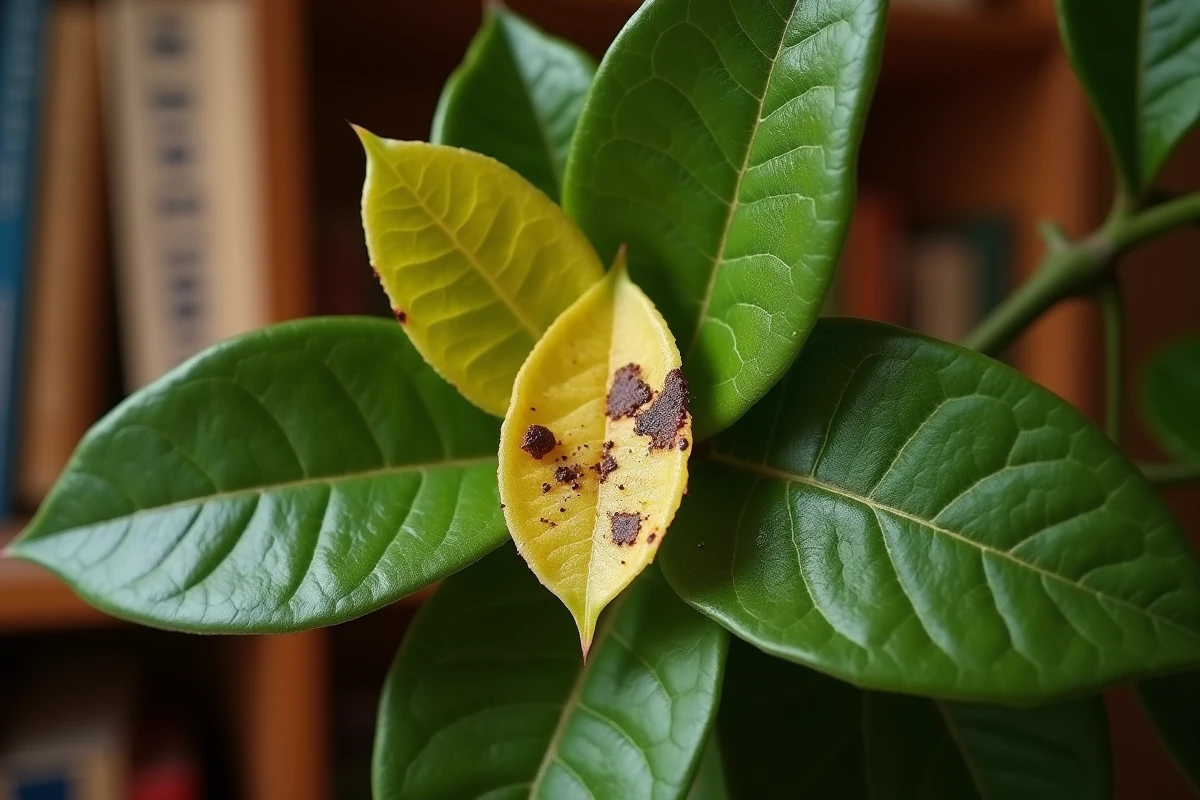 Gros plan sur des feuilles de citronnier présentant des taches marron nécrotiques et un jaunissement caractéristique