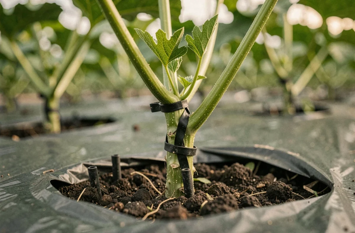 Gros plan sur un greffage de plant de melon avec clip de greffe dans une serre de production maraîchère