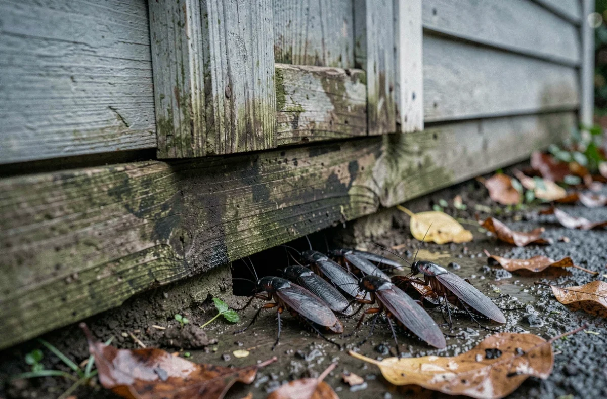 Groupe de cafards noirs rassemblés près d'une porte de cabane de jardin après la pluie