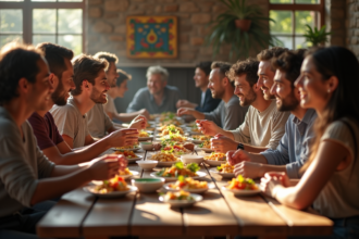 Groupe divers partageant un repas traditionnel en communauté