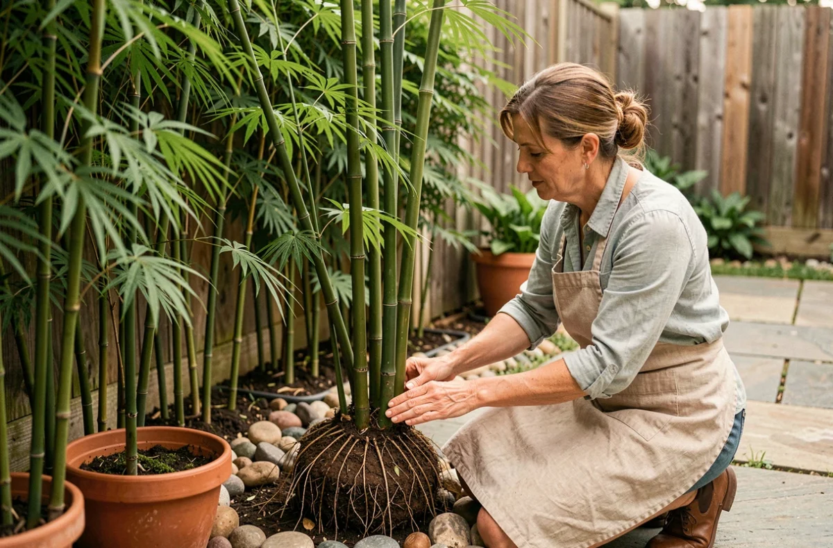 Femme inspectant la base d'une haie de bambous non traçants en touffes dans un petit jardin urbain avec patio en pierre