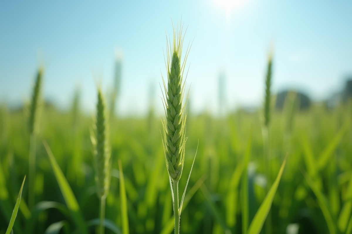 Jeune herbe C3 parmi cultures saines en champ ensoleille