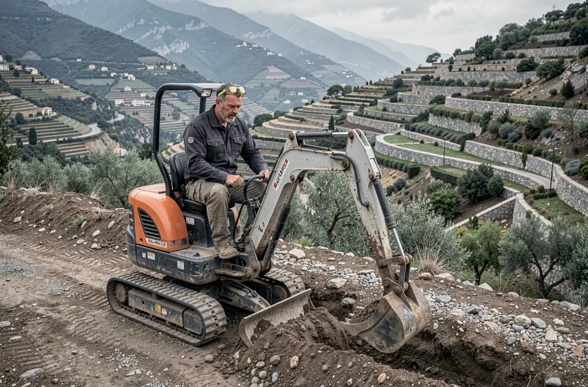 Paysagiste de Homerenov.06 Odvad Stephane opérant un mini-excavateur sur un terrain escarpé dans les Alpes-Maritimes