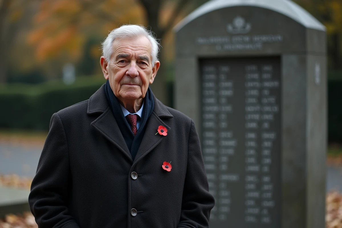 Un homme âgé portant un coquelicot rouge en boutonnière devant un monument aux morts en pierre, moment de recueillement et de souvenir
