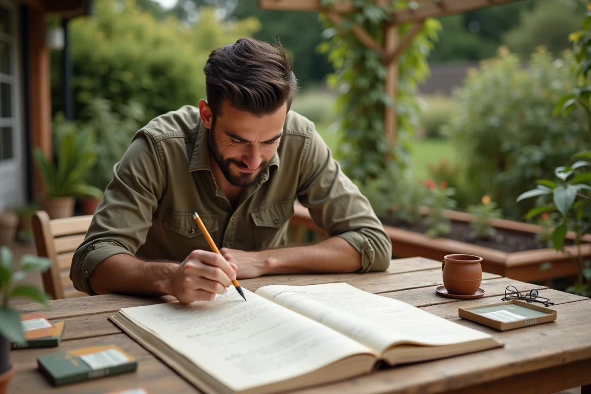 Homme annotant un livre de permaculture avec un calendrier de plantation saisonnier sur une table de jardin en été