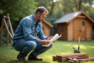 Homme en tenue casual examine instructions d'abri de jardin