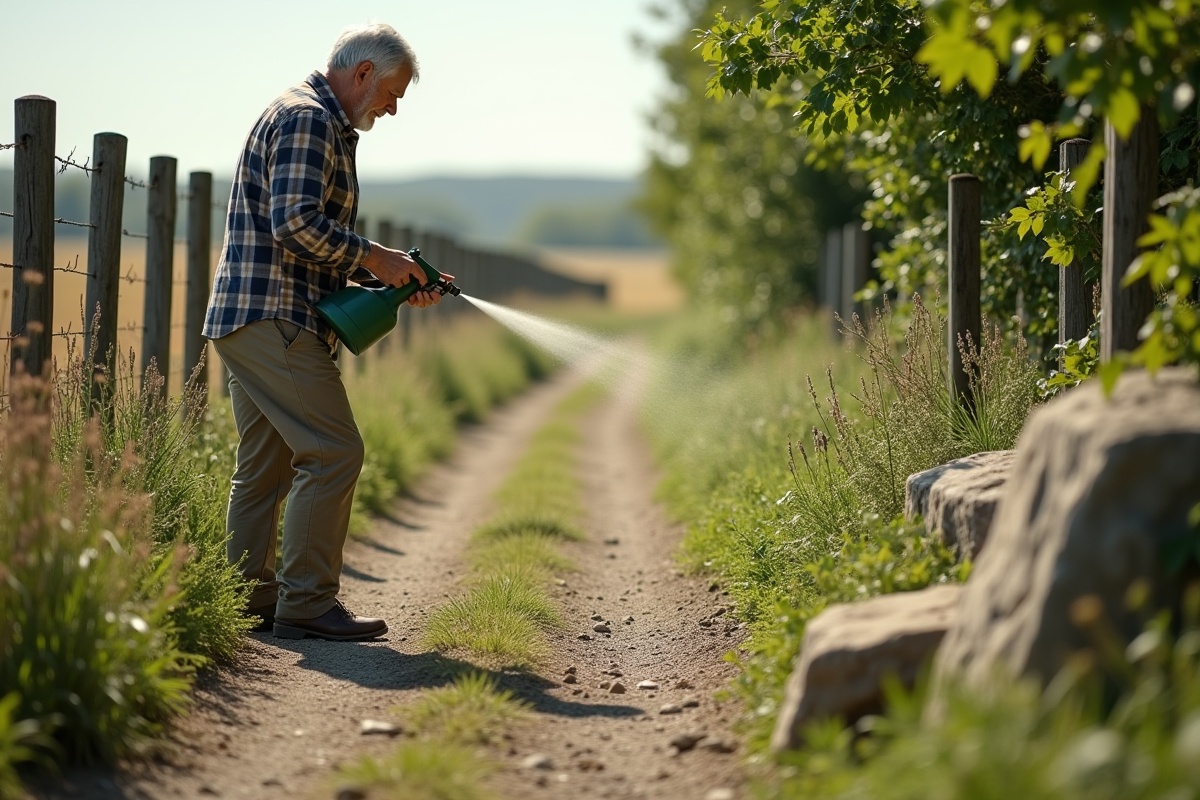 Homme utilisant un herbicide naturel dans un chemin rural