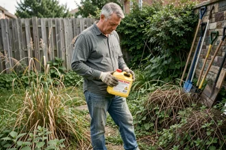 Homme lisant attentivement l'étiquette d'un débroussaillant chimique dans un jardin envahi par les mauvaises herbes