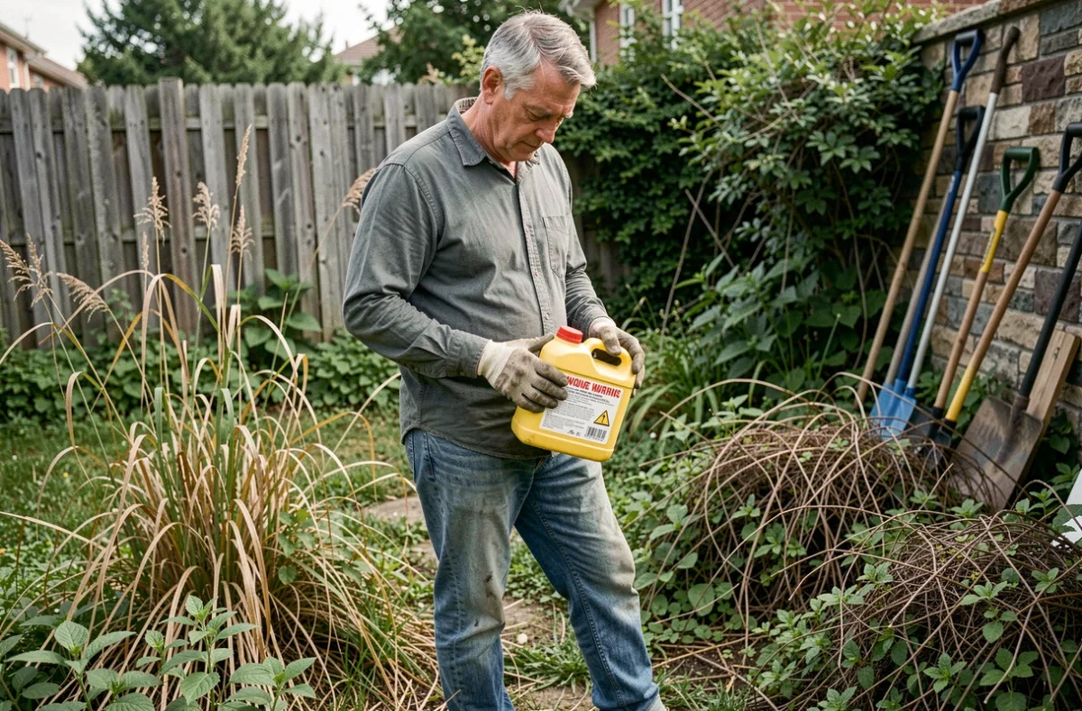 Homme lisant attentivement l'étiquette d'un débroussaillant chimique dans un jardin envahi par les mauvaises herbes
