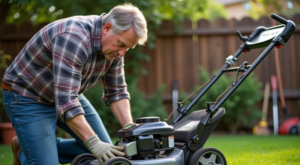 Homme d'âge moyen examinant le moteur d'une tondeuse à gazon moderne
