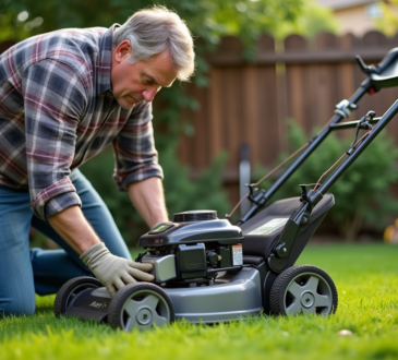 Homme d'âge moyen examinant le moteur d'une tondeuse à gazon moderne