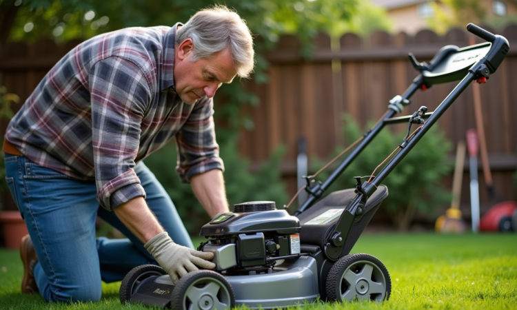 Homme d'âge moyen examinant le moteur d'une tondeuse à gazon moderne
